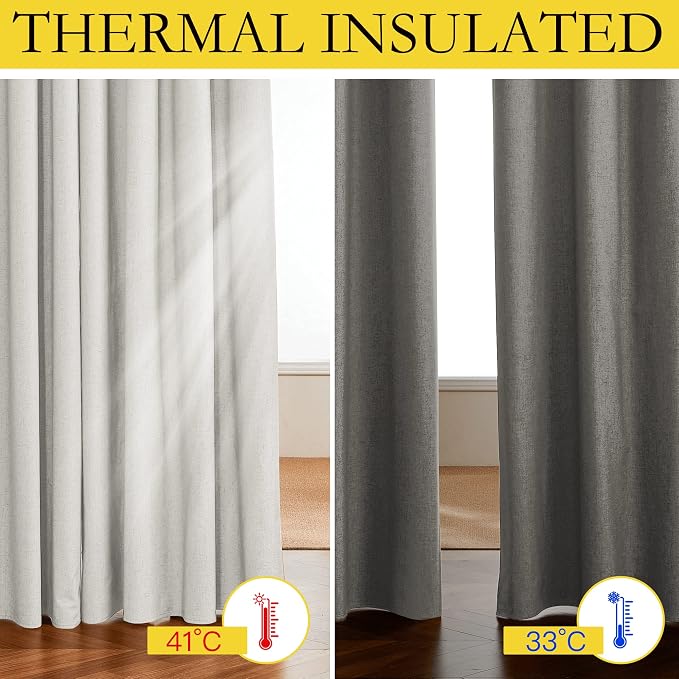NICETOWN 100% Absolutely Blackout Linen Curtains with Thermal Insulated White Liner, Ivory, W52, 2 Pieces, Back Tab Noise Reducing Textured Linen Look Windows Curtains 95" Length for Classroom