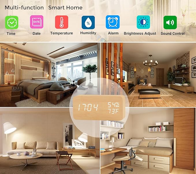 Alarm Clock Wooden Digital Clock Modern Decorative Electronic LED Desk Clock Display Time Date Temperature Humidity 3 Alarms Brightness Adjustable for Home Office Bedroom(Beige,White)