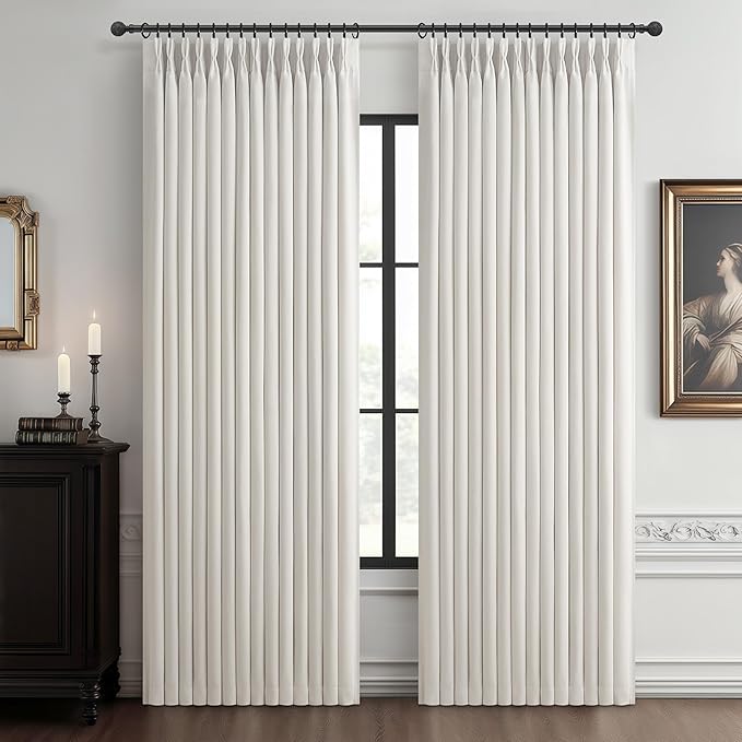 Pleat Viral Linen 90 Inch Blackout Curtains for Bedroom, Pinch Pleated Soundproof Privacy Farmhouse Window Drapes Decor with Hooks Neutral Beige White Nursery/Kids Room Darkening Burg 2 Panels Set