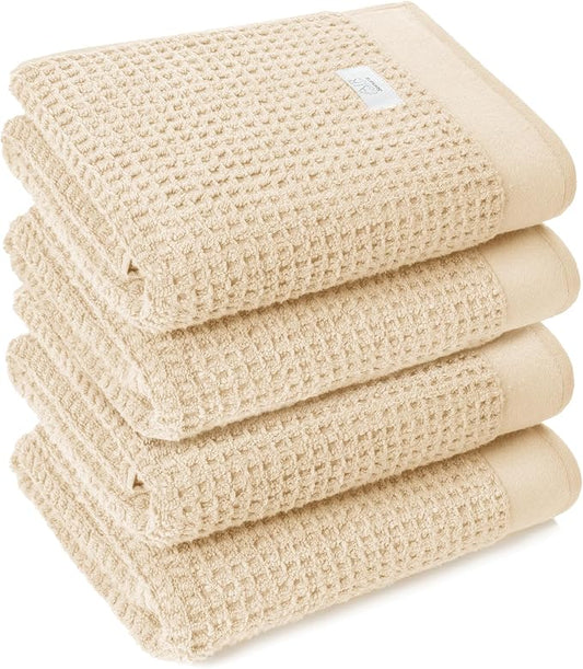 Softerry Waffle Bath Towel Set - 100% Soft Cotton - Plush and Extra Absorbent - Luxury Hotel & Spa Quality - Fade Resistant - Eco-Friendly (Natural, Set of 4 Bath)