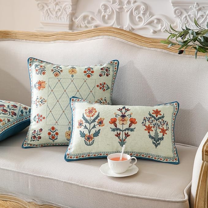 ISAENNE Design Square Linen Throw Pillow Covers 18"x18" Pack of 2, Blue Floral Country Cushion Covers with Colorful Wildflower Pattern Decor Pillowcases for Bed,Living Room,Outdoor,Car