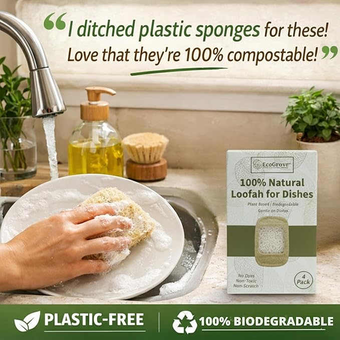 Natural Loofah Dish Sponges 4 Pack – 100% Plant-Based Luffa Scrubber for Dishes, Pots & Nonstick Pans – Compostable, Non-Scratch Kitchen Sponge for Sink, Tile & Everyday Cleaning