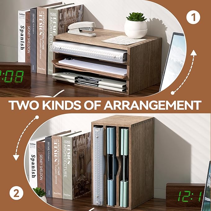KIRIGEN Wooden Desktop Organizer, 3 Tier Solid Wood Letter Tray and Paper File Sorter for Desk, Freestanding Office Document Holder for Mail, Magazines, Folders, 13.78 x 9.45 x 7.08 in Brown 3KWJG-DBR