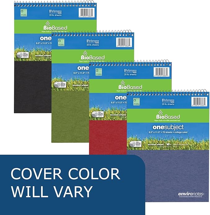 ROARING SPRING Environotes College Ruled 1 Subject Recycled Spiral Notebook, Assorted Earthtone Covers,8.5" x 11.5" 70 Sheets