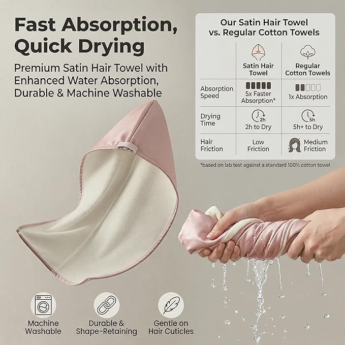 Microfiber Hair Towel Wrap for Women, Thickened Quick Dry Hair Turban with Satin Elastic Band, Hair Drying Towel for Long Hair（Pink）