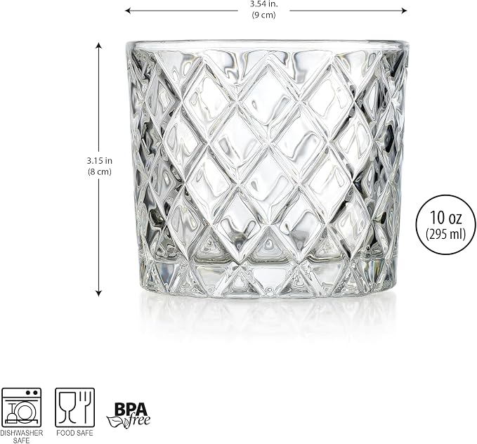Glaver's Whiskey Glasses Set of 4. 10oz. Double Old Fashioned Glass for Cocktail Bourbon Rock Glasses,Bar Glass for Scotch Tequlia Rum. Diamond Cut. Gift for him