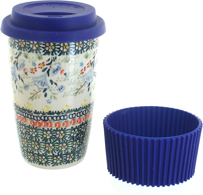 Blue Rose Polish Pottery - Green Periwinkle Travel Coffee Mug - 12 oz - Mug for On-The-Go, Fits Most Car Cup Holders