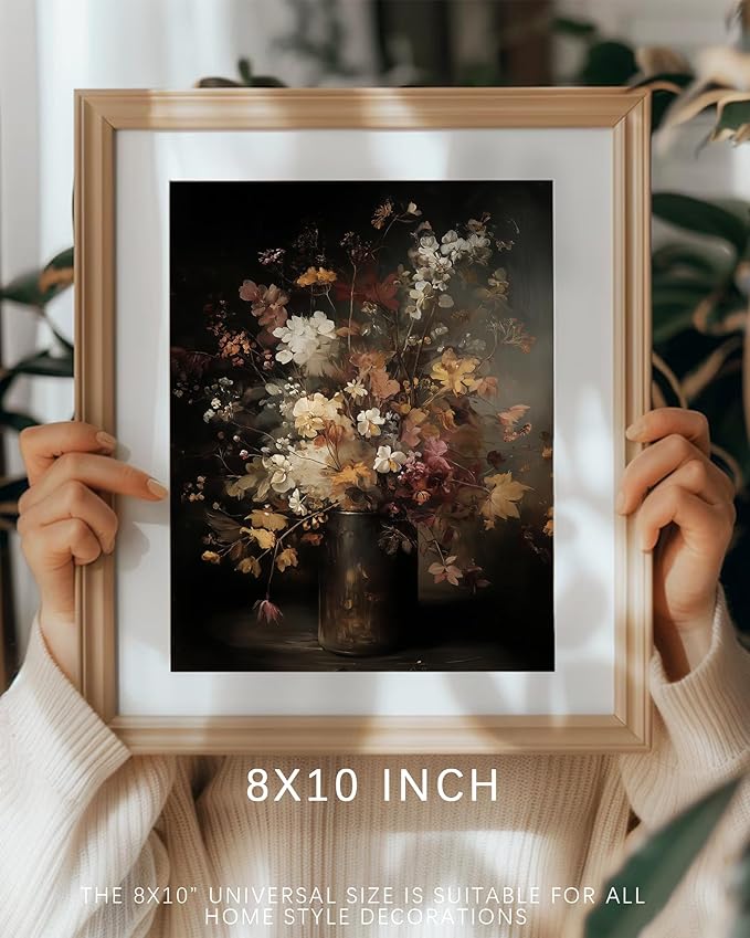 Vodefoad Vintage Autumn Floral Print, Moody Cottagecore Wildflower Bouquet, Lush Autumn-inspired Bouquet, Retro Antique Flower Art Pictures for Gallery Home Bedroom Farmhouse Bedroom - 8x10Inch Unframe
