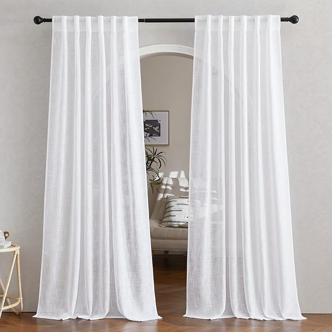 NICETOWN White Linen Sheer Curtains 90" Length, Rod Pocket & Back Tab Window Treatments Semi Sheer Curtain Drapes Privacy with Light Through for Living Room/Bedroom, 104 inch Length Total 2 Panels