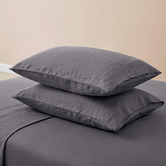 ATLINIA 100% Pure Flax Linen Bedding Set - Stone Washed French Linen Fabric Deep Pocket Fitted Sheet Farmhouse Flat Sheet 2 Pillowcases (Dark Grey, King)