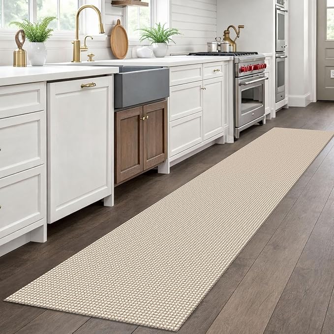 EARTHALL Woven Runner Rug 2x10 Ft Washable Runners for Hallways Long Cotton Non Slip Rubber Backed Kitchen Runner Braided Indoor Floor Carpet for Entryway, Hallway, Kitchen, Beige/Ivory