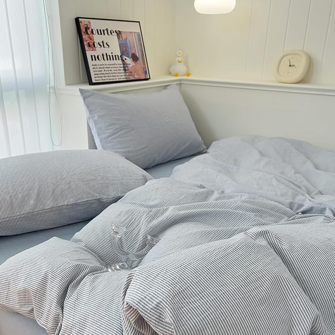 mixinni Striped Duvet Cover Set- 100% Washed Cotton Blue Comforter Cover with White Pinstripe Stripes Pattern Printed Bedding Set with Zipper Closure, 3 Pieces,Full Size