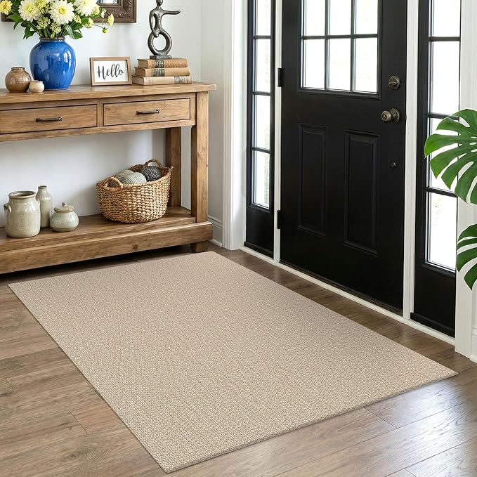 EARTHALL Washable Area Rug 4x5 Ft Non Slip Rugs for Entryway Braided Throw Rugs Bedroom Carpet Cotton Entry Rug Woven Floor Rug for Bedroom Dining Room Living Room, Send/Beige