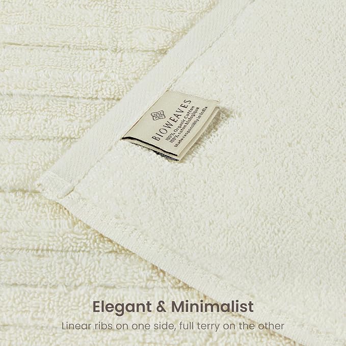 BIOWEAVES 100% Organic Cotton 6-Piece Luxury Bathroom Ribbed Towel Set GOTS Certified 700 GSM, 2 Bath Towel, 2 Hand Towel & 2 Wash Cloths - Ivory