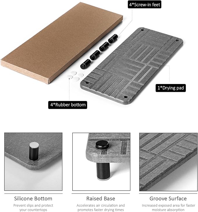 Fast Drying Stone Sink Caddy, Instant Dry Organizer Rack, Diatomaceous Earth Soap Stand Tray for Kitchen Sink, Water Absorbing Stone, Sponge Holder Dispenser for Bathroom Counter, Dark Gray