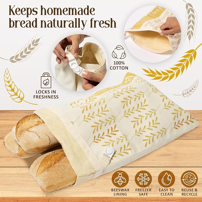 Beeswax Bread Bag for Homemade Bread (Set of 2) – Premium Sourdough Bread Bags & Loaf Storage – Eco-Friendly, Reusable, Washable & Freezer Safe – Ultimate Sourdough Bread Baking Supplies