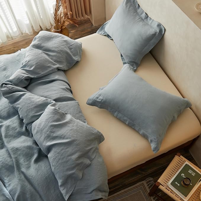 Simple&Opulence 100% Linen Duvet Cover Set with Crossed Embroidery Washed - 3 Pieces (1 Duvet Cover with 2 Pillow Shams) Soft Breathable Farmhouse - Dusty Blue, Queen Size