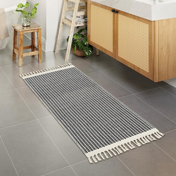 Lahome Belle Boho Rugs for Entryway, 2x5 Laundry Room Rug Lightweigh Cotton Washable Runner Rug with Tassels, Farmhouse Black Bath Door Mats Indoor Non Shedding Runners for Hallways Bedroom