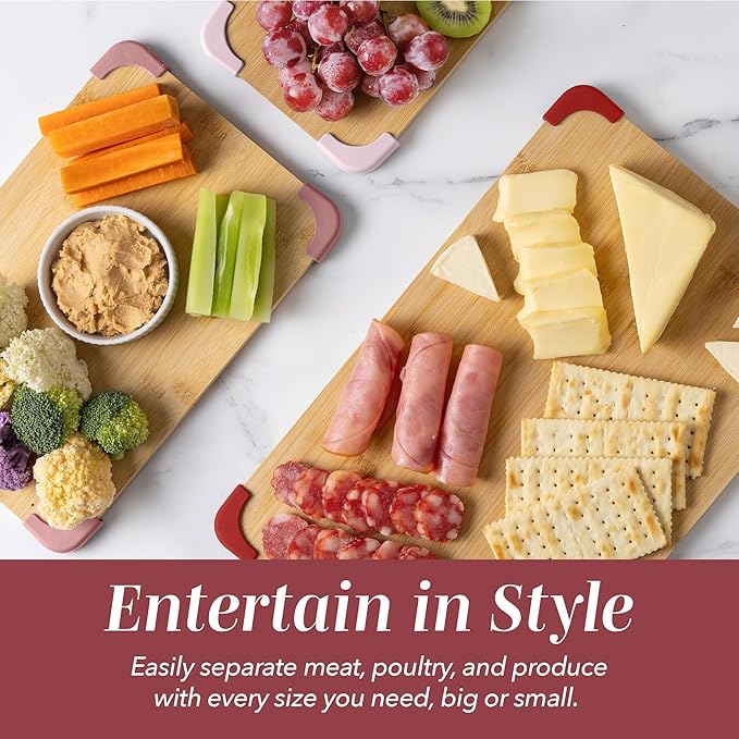 COOK WITH COLOR Non-Slip Cutting Board Set – Kitchen Essentials with Easy Grip Handle for Meat, Veggies, and Fruits, 3 Cutting Boards, Bamboo Non-Slip Rose