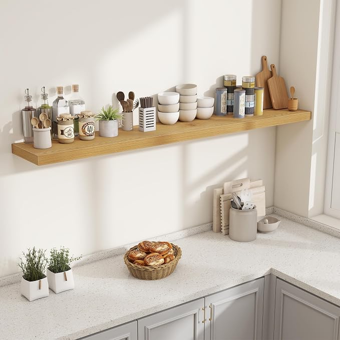 Fun Memories 72 Inch Fireplace Mantel Shelf, 10 Inch Deep Shelves for Display & Wall Storage, Rustic Wood Wall Shelf, Extra Long Floating Shelves for Living Room Laundry Room, Oak, Set of 1