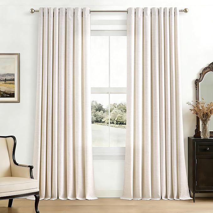 Linen Curtains 90 Inches Long 2 Panels Natural Ivory Light Filtering Semi Sheer Grommet Drapes Thick Linen Privacy Boho Farmhouse Window Curtain for for Bedroom Office Sliding Door 52x90