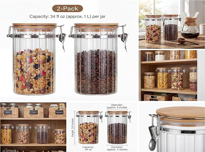 Glass Storage Jars with Bamboo Lids, Set of 2 – 34oz Airtight Borosilicate Canisters for Pantry Organization, Coffee, Flour, Sugar & Pasta – BPA-Free, Ribbed Design