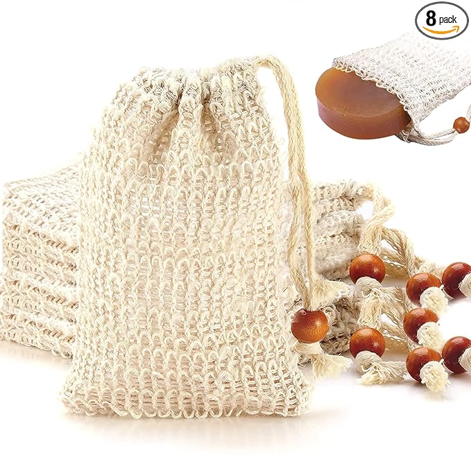 8 Pack Soap Bag Natural Sisal Soap Saver Bag Pouch Mesh Waste Exfoliating Foaming and Drying Soap Holder for Shower