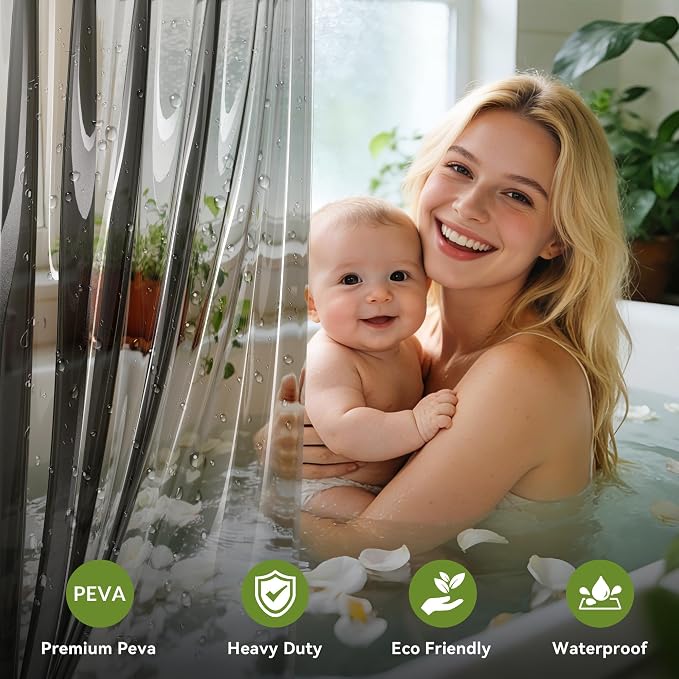 Clear Black Shower Curtain Liner 72x72, 2 Pack Lightweight Plastic Shower Liner PEVA 72 x 72 Waterproof Shower Curtains for Bathroom with 3 Strong Magnets and Rustproof Grommets