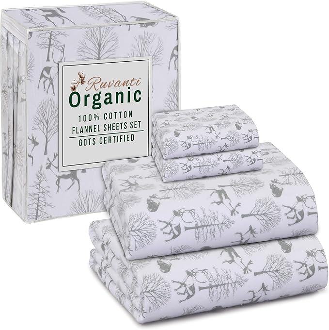 RUVANTI Flannel Sheets Full Size - GOTS Certified 100% Organic Cotton, 4 Piece Warm, Soft & Breathable Set, Deep Pocket Snug Fit, Double Brushed Cozy All Season Bedding, Reindeer Rush