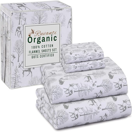 RUVANTI Flannel Sheets Full Size - GOTS Certified 100% Organic Cotton, 4 Piece Warm, Soft & Breathable Set, Deep Pocket Snug Fit, Double Brushed Cozy All Season Bedding, Reindeer Rush
