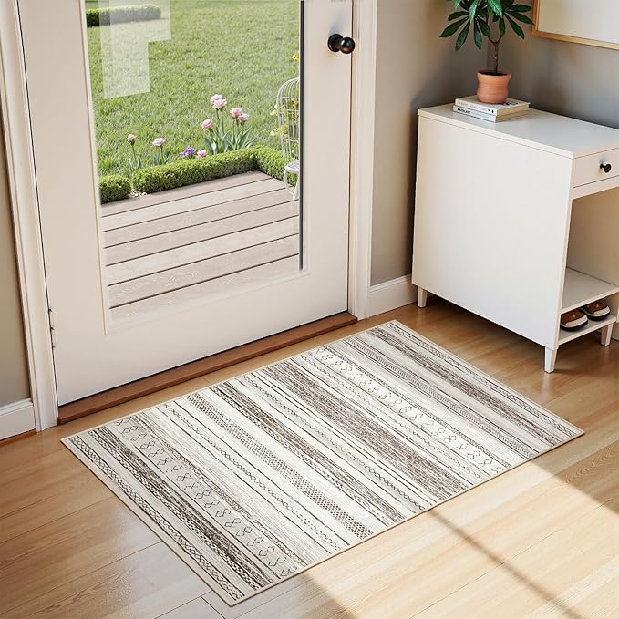 Tortania Area Rug Living Room Rugs - 2x3 Washable Soft Neutral Boho Moroccan Farmhouse Mat Indoor Floor Carpet for Bedroom Under Dining Table Home Office Decor - Cream Brown