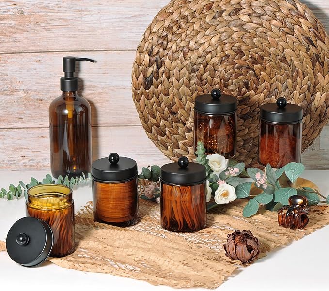 Amolliar 16OZ Green Glass Mason Jar Liquid Soap Dispenser Bundle With Amber Glass Qtip Holder, Apothecary Jars with Matte Black Metal Lid & Stickers-Bathroom Qtip Dispenser Storage Organizer Set
