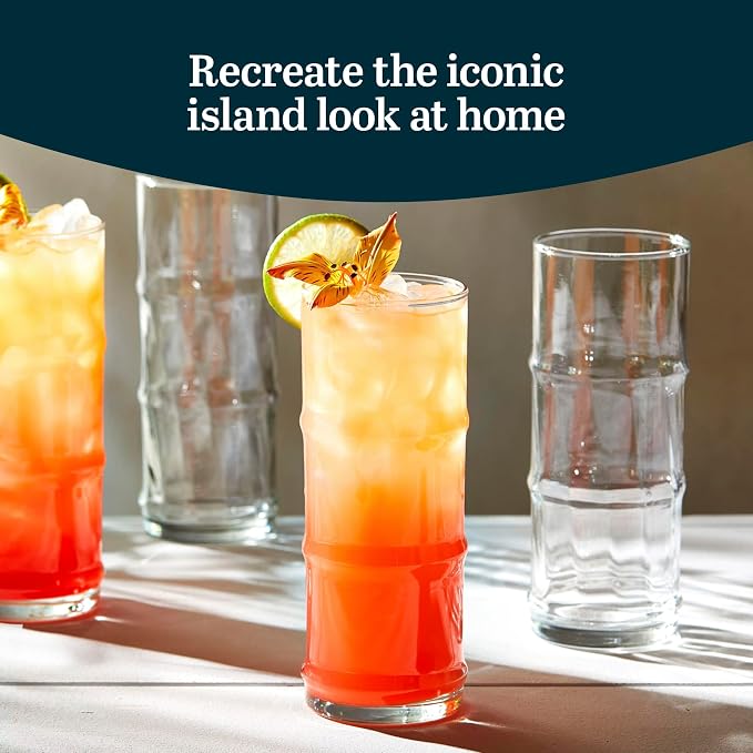 Libbey Tiki Bamboo Highball Drinking Glasses Set of 4, Iconic 16 Oz Tall Cocktail Glasses, Modern Drinking Glass Cups for Backyard and Summer Parties