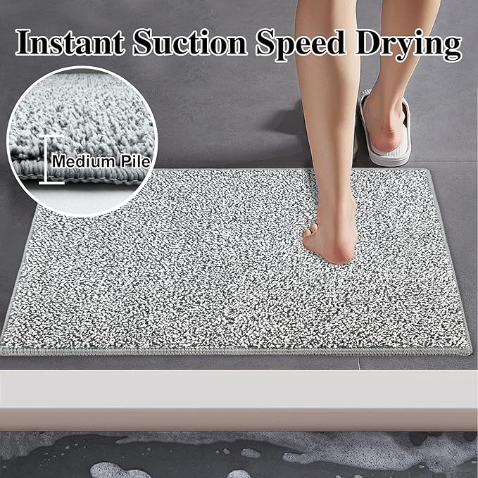 HDFK Bath Mat Non Slip 30x20 Inches Plush 2 Tone Chenille Medium Pile TPR Backing | Highly Absorbent Quick Dry Solid Light Gray | Shower Tub Floor Bathroom Rugs for Decor Modern Home