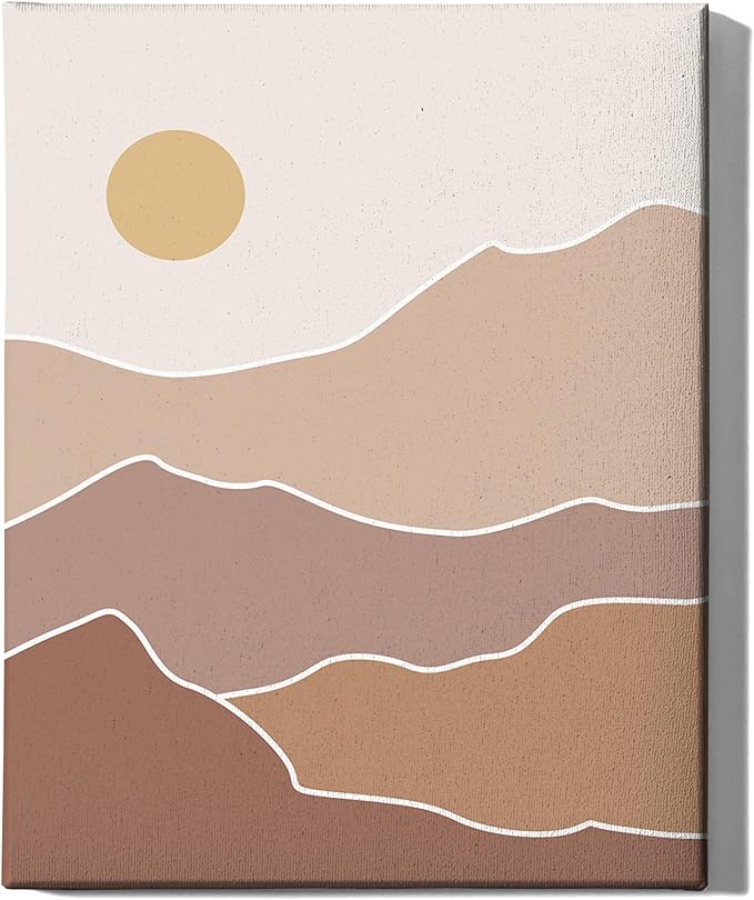 Abstract Mountain Landscape Wrapped Canvas Wall Art Sun Rolling Hills Earth Tones Terracotta 16x20 Inch Gallery Stretched Mid Century Modern Nature Home Art