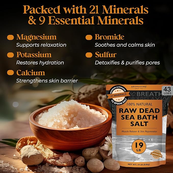 Aromasong Raw Dead Sea Bath Salt - Minimally Cleaned, Contains More Dead Sea Minerals Including Dead Sea Mud - 100% Pure & Natural Dead Sea Salts for Soaking 19 LB - Bulk Resealable Pack