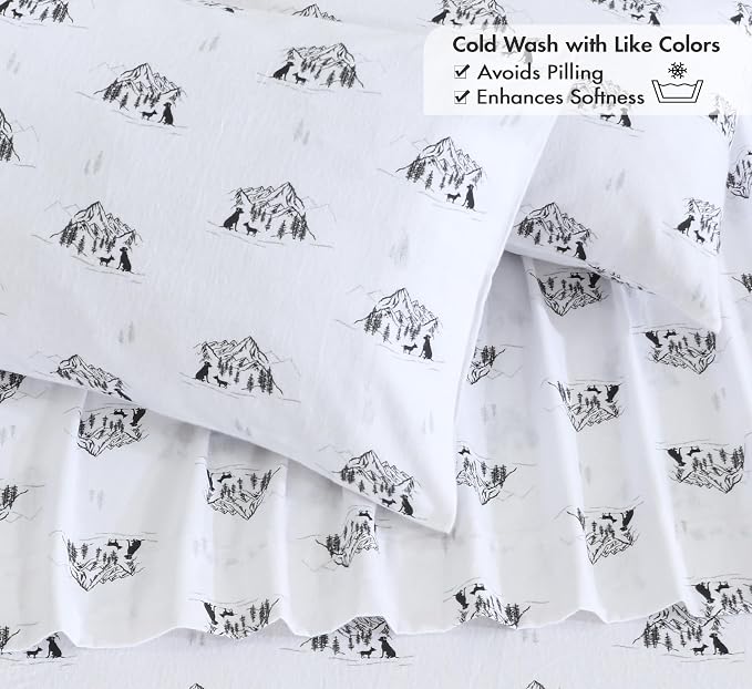 RUVANTI Flannel Sheets King Size - 100% Cotton Double Brushed King Bed Sheets Set - Deep Pockets 16 Inches - All Seasons Breathable & Extra Soft - Warm & Cozy, 4 Piece, Soul Dog White