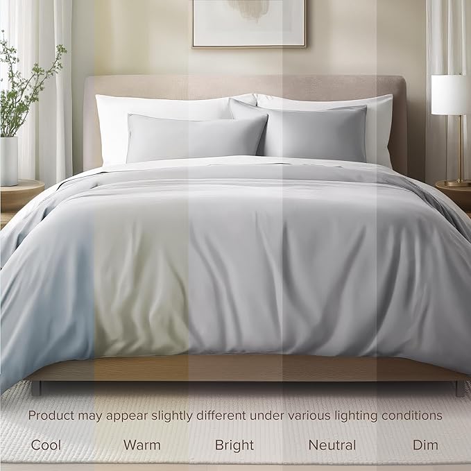 Bare Home 100% Organic Cotton Sateen Duvet Cover Set - Full/Queen Size - 400 Thread Count - Smooth Sateen Weave - Warm & Luxurious - Duvet Cover (Queen, Light Grey)