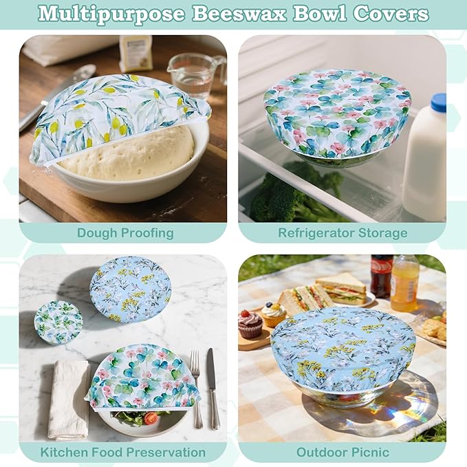 5-Size Reusable Beeswax Bowl Covers for Bread Proofing, Cotton Cloth Flexible Beeswax Wraps for Food Storage(Olive Branch)