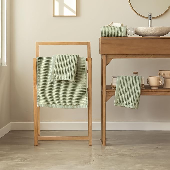 Premium Waffle Hand Towels Pack of 4 Extra Large 20x35 inch - 100% Turkish Cotton, Waffle Weave, Quick Dry, Lint Free, Absorbent Sage Green Hand Bath Towel (Sage, Set of 4 Hand Towels)