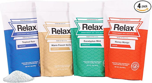 Relax Spa & Bath Aromatherapy Bath Salts Variety Pack for Hot Tub, Bath, or Spa, Infused with Magnesium, Bath Salt for Soaking, Four 2LB Bags