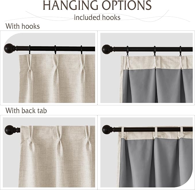 RYB HOME Linen Textured 100% Blackout Curtains Pinch Pleated & Back Tab Drapes Privacy Thermal Insulating for Living Room Kitchen Dining Bay Window, W 42 x L 90 inches, Linen, 2 Panels