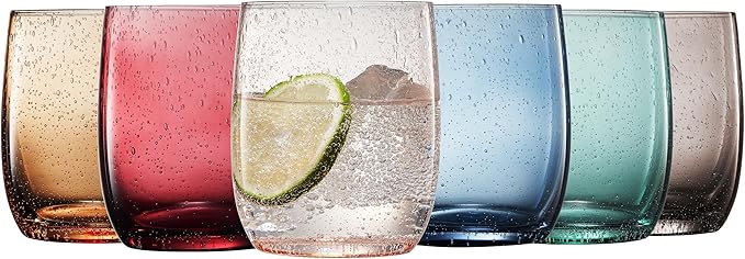 Khen Recycled Glass Drinking Glasses, Set of 6 Colored Bubble Drinking Glass – Handcrafted Mexican Tumblers (12 oz) – Vintage Design for Water, Cocktails, Juice – Unique Color Drinkware Gift