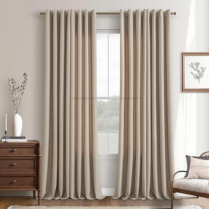 Burlywood Birch Linen Curtains 90 Inches Long Grommet for Living Room 2 Panels Drape Light Filtering Semi Sheer Taupe Curtain for Bedroom Sliding Glass Door Boho Rustic Farmhouse 52x90 Length