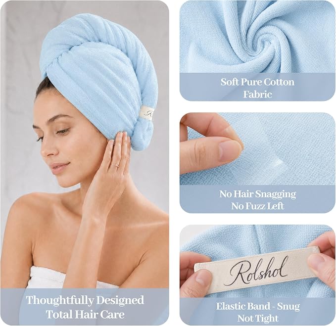 ROLSHOL Cotton Hair Towel Wrap for Women, 2 Pack 100% Cotton Hair Drying Towels for Long, Thick & Curly Hair, 32" x 11" Large Hair Turban for Wet Hair with Elastic Band (Blue)