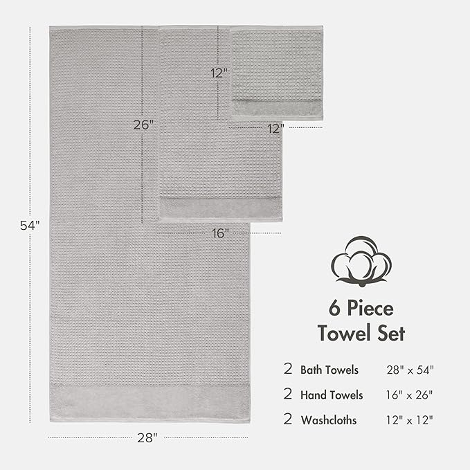 Madison Park Spa Waffle 100% Cotton Luxurious Towel Set, Premium Texture Waffle Weave, Highly Absorbent, Quick Dry, Hotel & Spa Quality Wash Clothes for Bathroom, Assorted Sizes, Grey 6 Piece