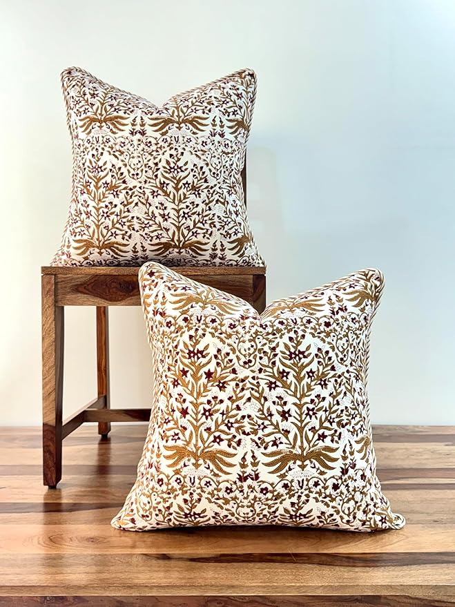 ATOSII Block Print Boho Throw Pillow Covers, 20 X 20, Set of 2, Decorative Couch Pillows for Living Room, 100% Cotton Canvas Acccent Pillows, Christmas Thanksgiving Fall Preppy Throws - Nargis Cider