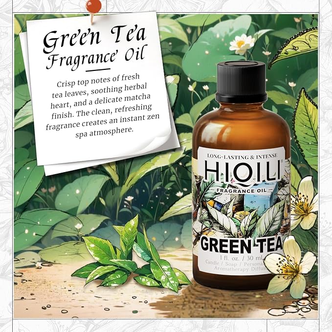 HIQILI Green Tea Fragrance Oil, Refreshing Scents for Laundry - 1 Fl Oz | Long-Lasing Aroma for Wool Dryer Balls, Candle & Soap Making, Home Diffusers, Pet Safe, Graduated Dropper Included