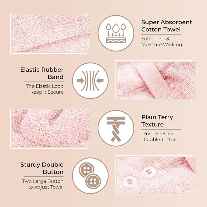 Lili&James 100% Cotton Hair Towel Wrap for Women/Kids | Quick Dry, Soft & Absorbent 420-GSM Hair Wrap Towels with Double Button | Anti Frizz, Non Microfiber Hair Turbans for Curly, Long Hair (Pink)