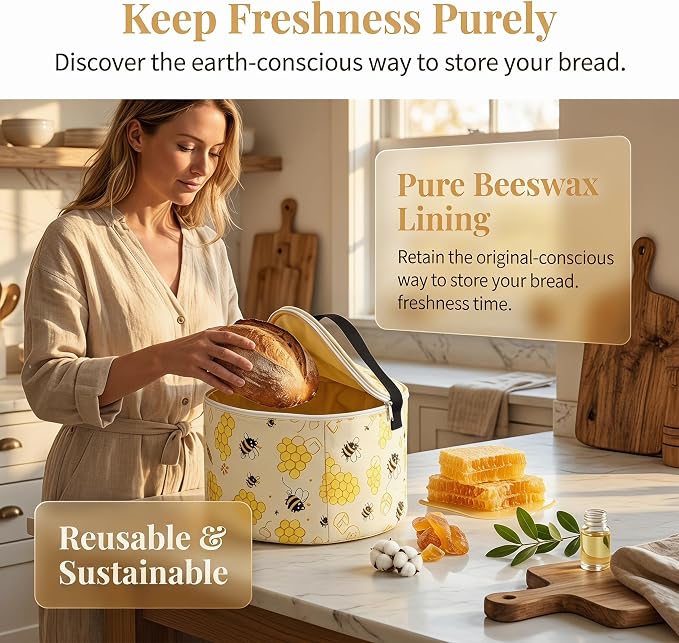 Organic Cotton Beeswax Bread Bags 9.8" x 6.Cotton Wash. Reus. Eco | Natural beeswax locks in freshness. Large reusable round Bread Bags for homemade sourdough. Organic cotton, freezer-safe